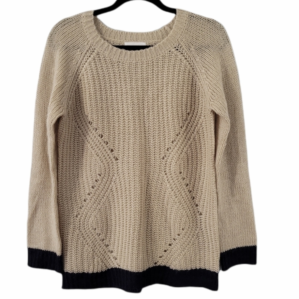 Olive+Oak Sweater Chunky Knit Open Weave  Tan Navy Blue Small